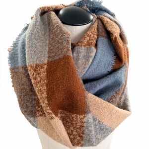 Oversized Plaid Infinity Blanket Scarf Blue & Brown Fall